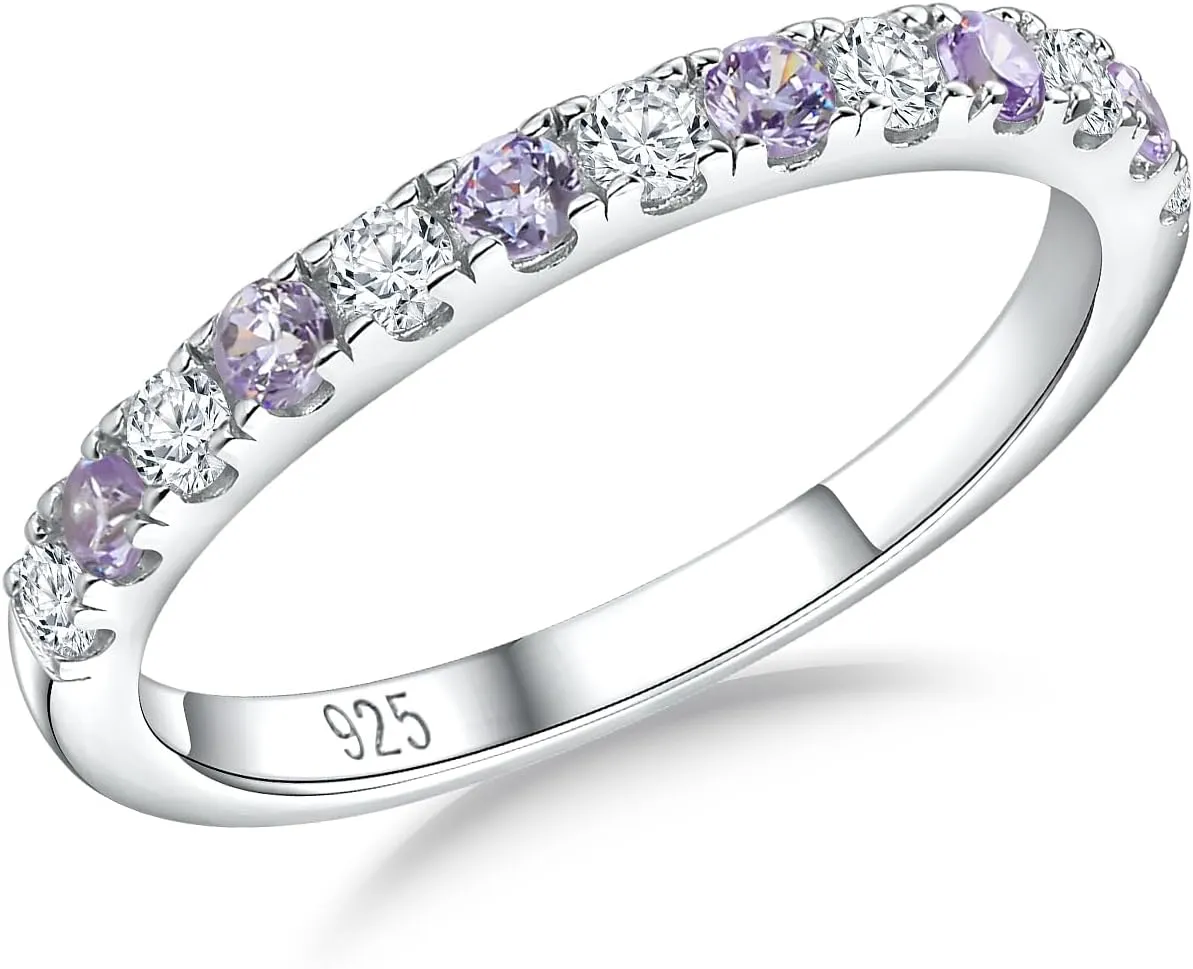 Birthstone Rings Eternity Band 925 Sterling Silver/Yellow Gold Created Gemstone Stackable Wedding Band Half Eternity Rings for Women Size 6 to 10