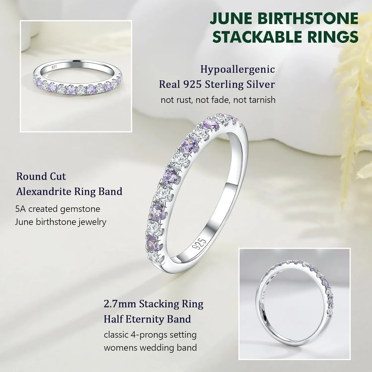 Birthstone Rings Eternity Band 925 Sterling Silver/Yellow Gold Created Gemstone Stackable Wedding Band Half Eternity Rings for Women Size 6 to 10