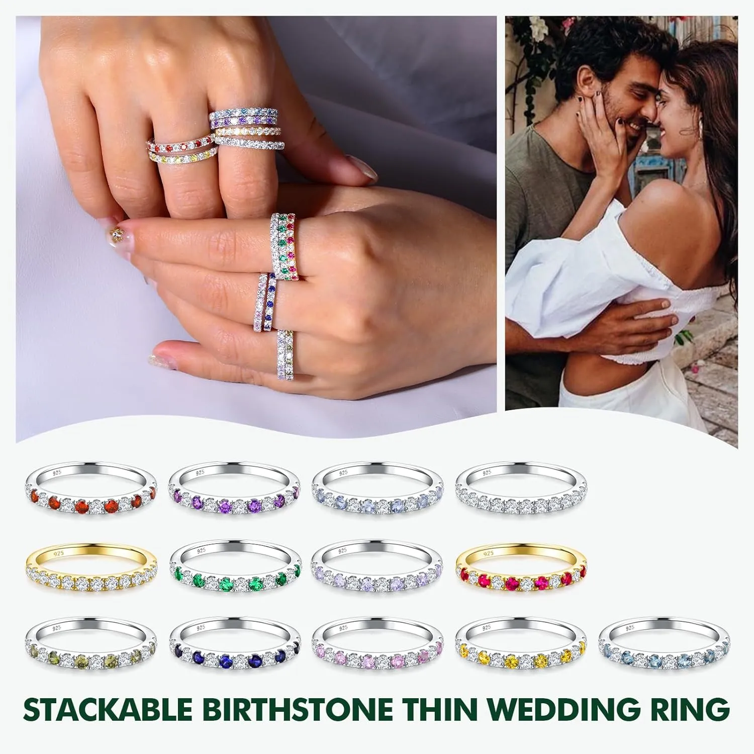 Birthstone Rings Eternity Band 925 Sterling Silver/Yellow Gold Created Gemstone Stackable Wedding Band Half Eternity Rings for Women Size 6 to 10