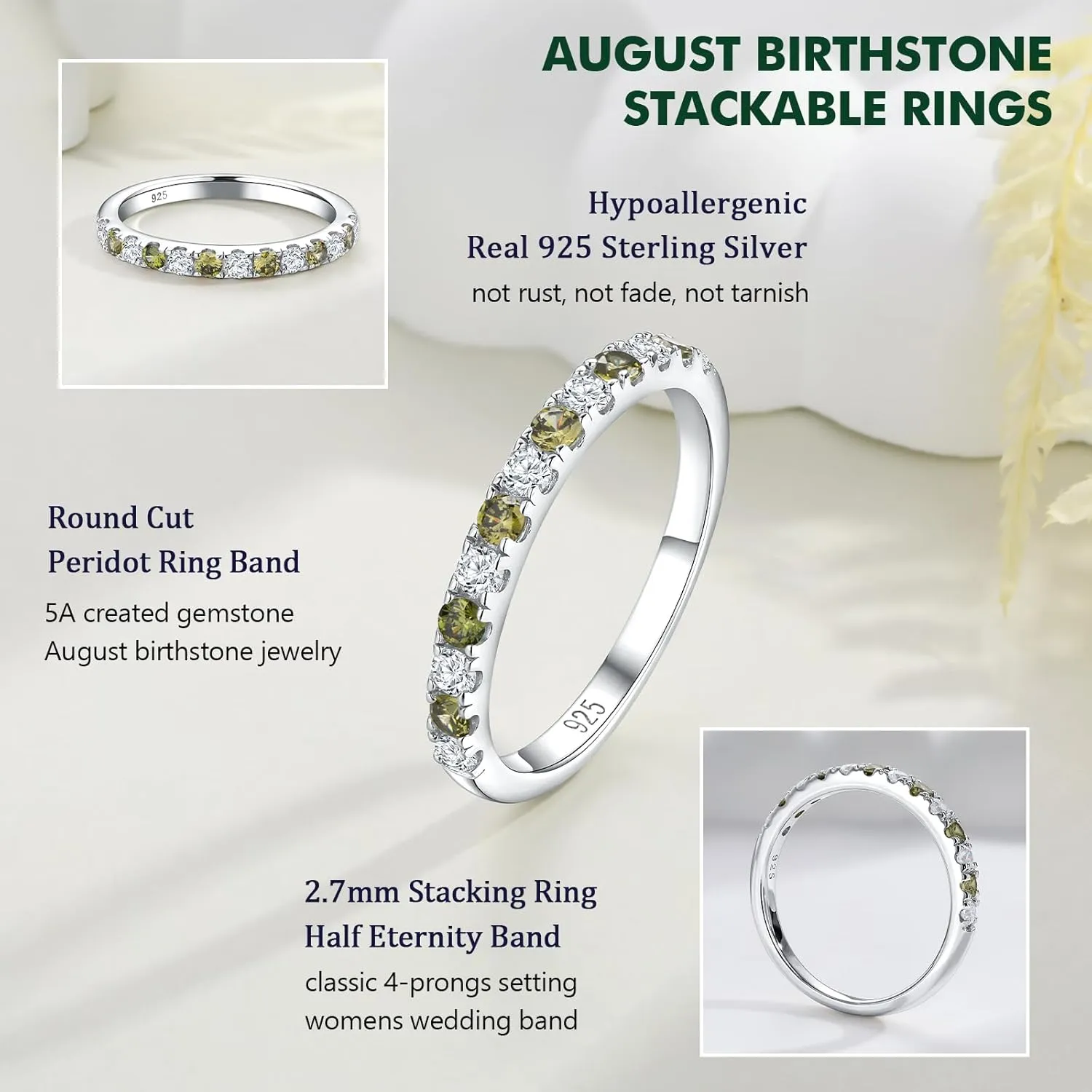 Birthstone Rings Eternity Band 925 Sterling Silver/Yellow Gold Created Gemstone Stackable Wedding Band Half Eternity Rings for Women Size 6 to 10