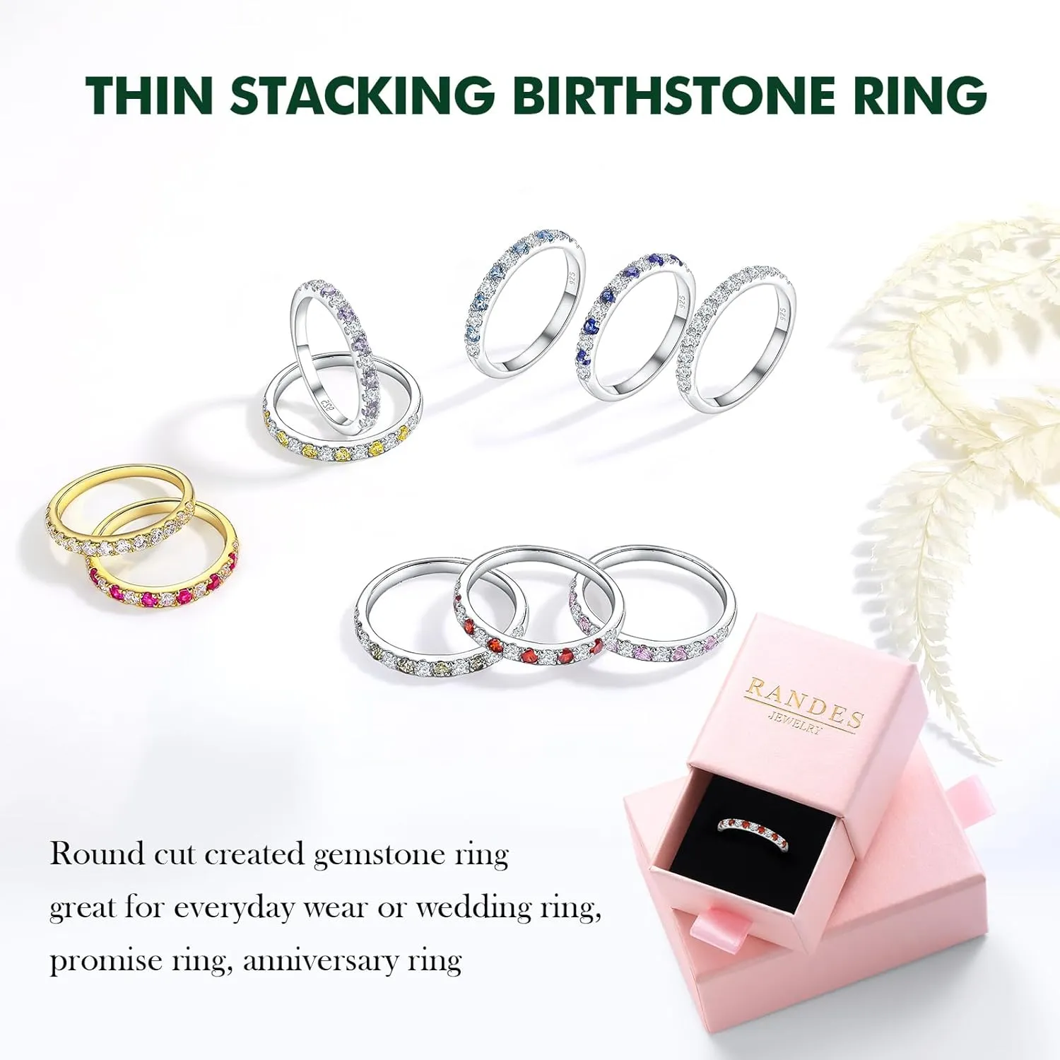 Birthstone Rings Eternity Band 925 Sterling Silver/Yellow Gold Created Gemstone Stackable Wedding Band Half Eternity Rings for Women Size 6 to 10
