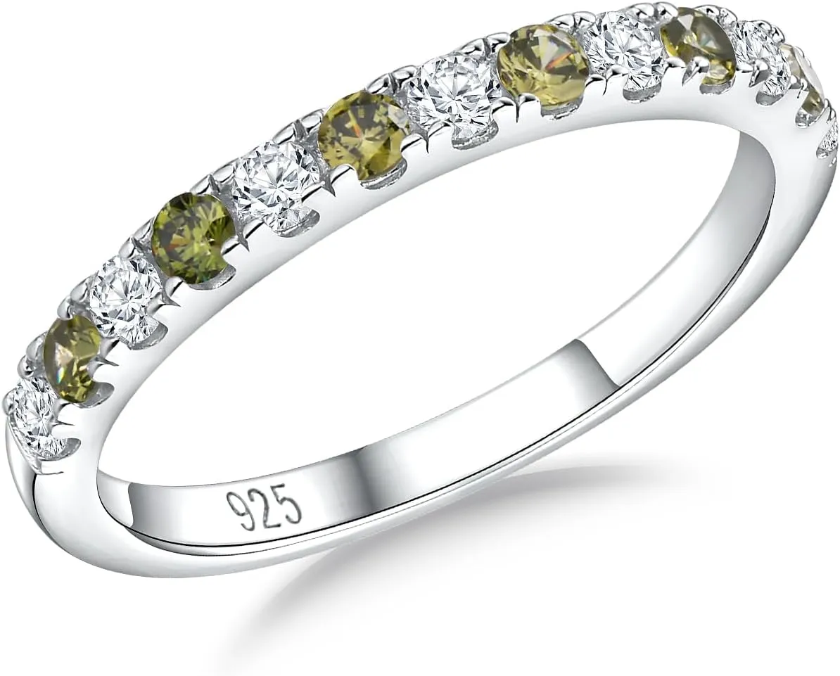 Birthstone Rings Eternity Band 925 Sterling Silver/Yellow Gold Created Gemstone Stackable Wedding Band Half Eternity Rings for Women Size 6 to 10