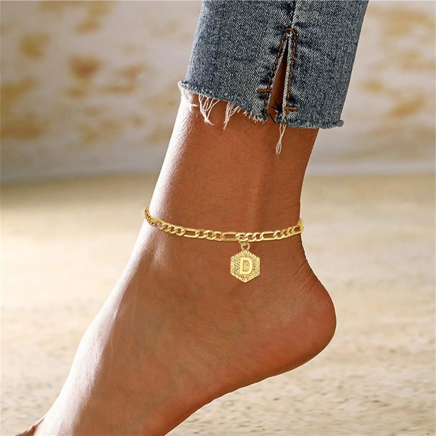Bling Shining Foot Jewelry Bracelet Female Foot Chain 26 Letters Single Layer Hexagons Anklet Best Friend (D, One Size)