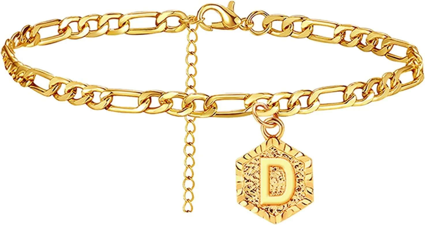 Bling Shining Foot Jewelry Bracelet Female Foot Chain 26 Letters Single Layer Hexagons Anklet Best Friend (D, One Size)