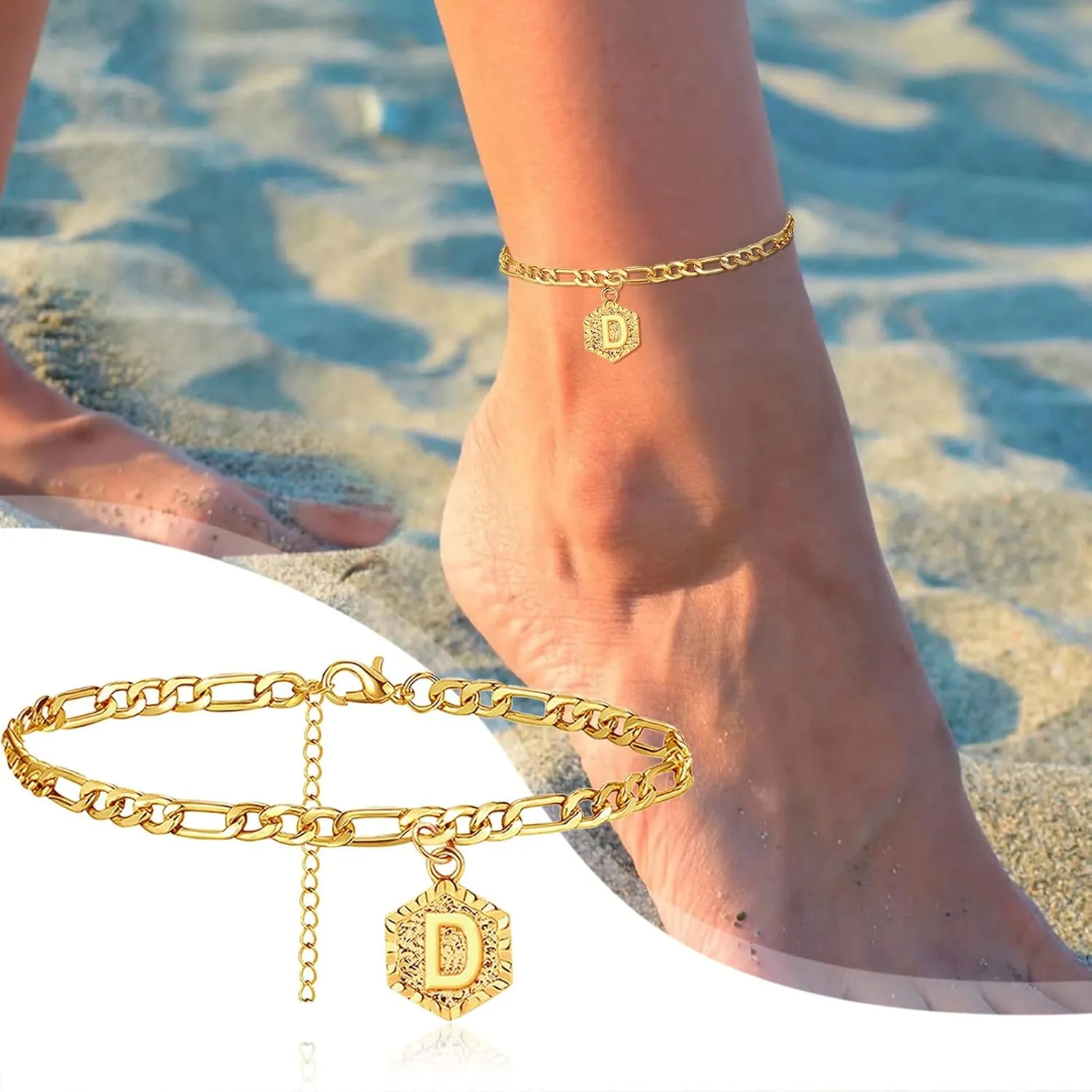 Bling Shining Foot Jewelry Bracelet Female Foot Chain 26 Letters Single Layer Hexagons Anklet Best Friend (D, One Size)