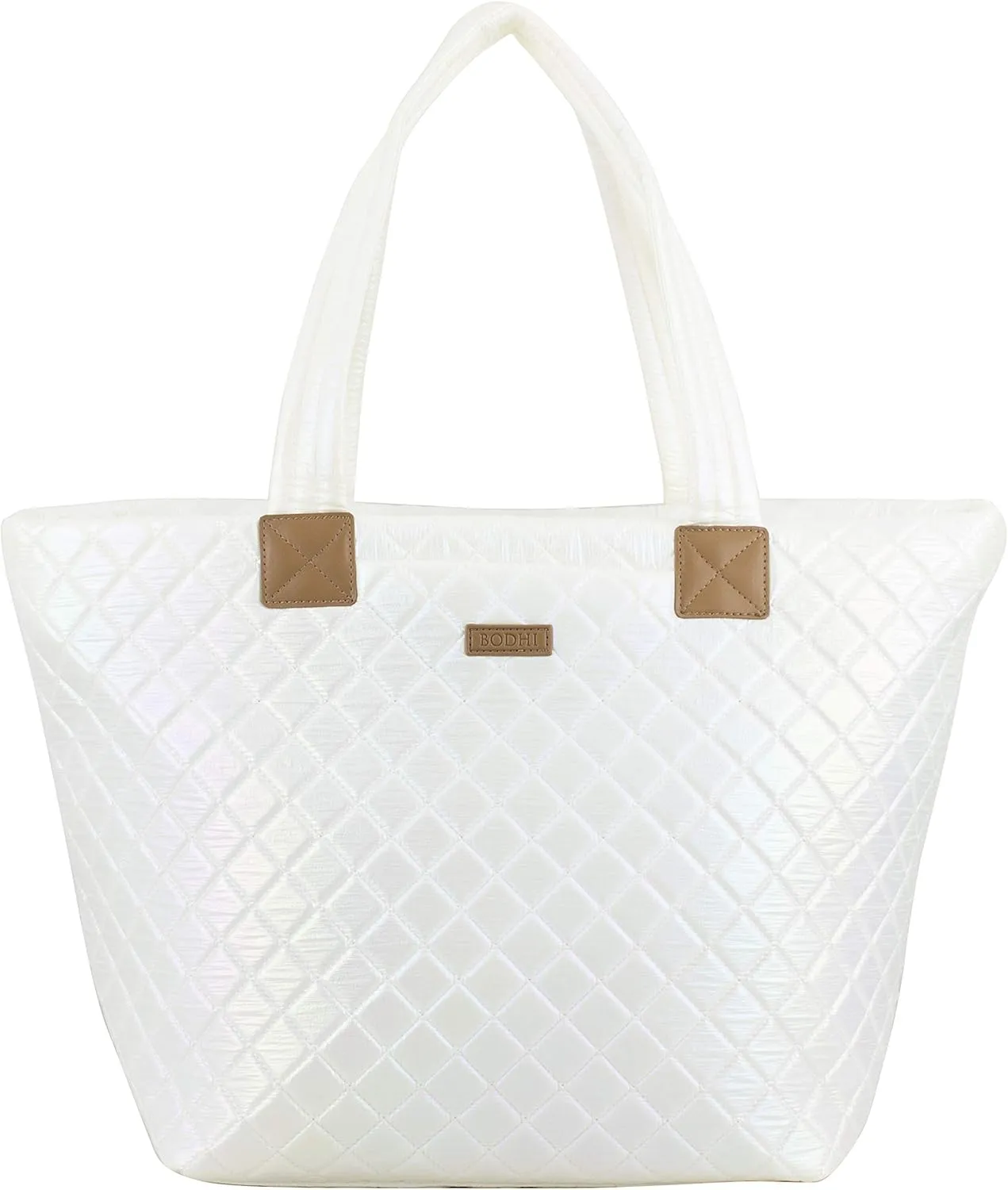 BODHI Quilted Soft Luxe Large Tote Bag For Women, Travel Shoulder Bag Top Handle Handbag for Gym, Work, White Iridescent