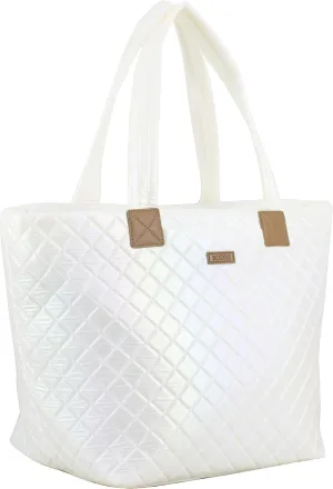 BODHI Quilted Soft Luxe Large Tote Bag For Women, Travel Shoulder Bag Top Handle Handbag for Gym, Work, White Iridescent