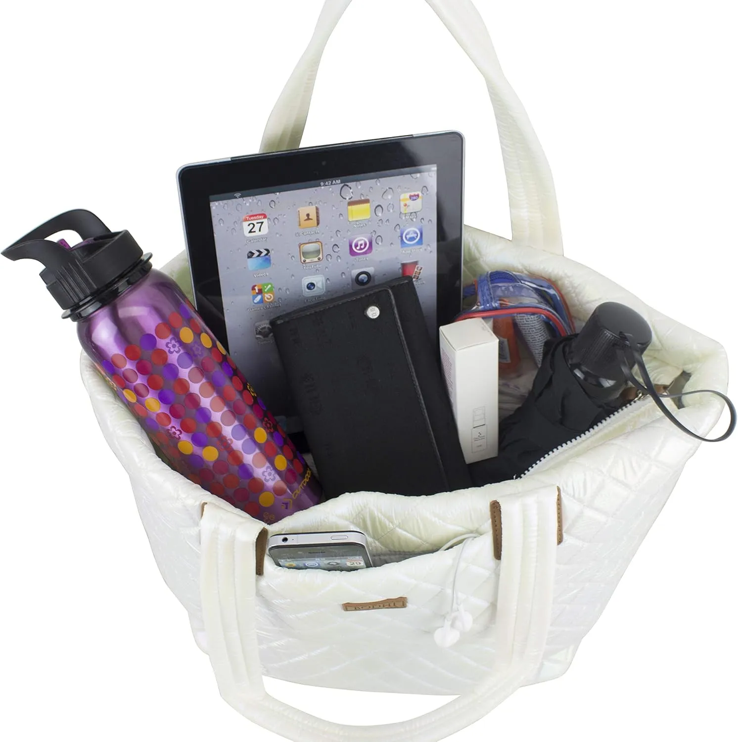 BODHI Quilted Soft Luxe Large Tote Bag For Women, Travel Shoulder Bag Top Handle Handbag for Gym, Work, White Iridescent