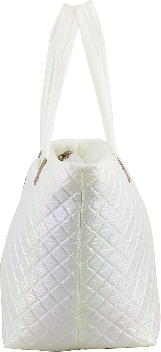 BODHI Quilted Soft Luxe Large Tote Bag For Women, Travel Shoulder Bag Top Handle Handbag for Gym, Work, White Iridescent