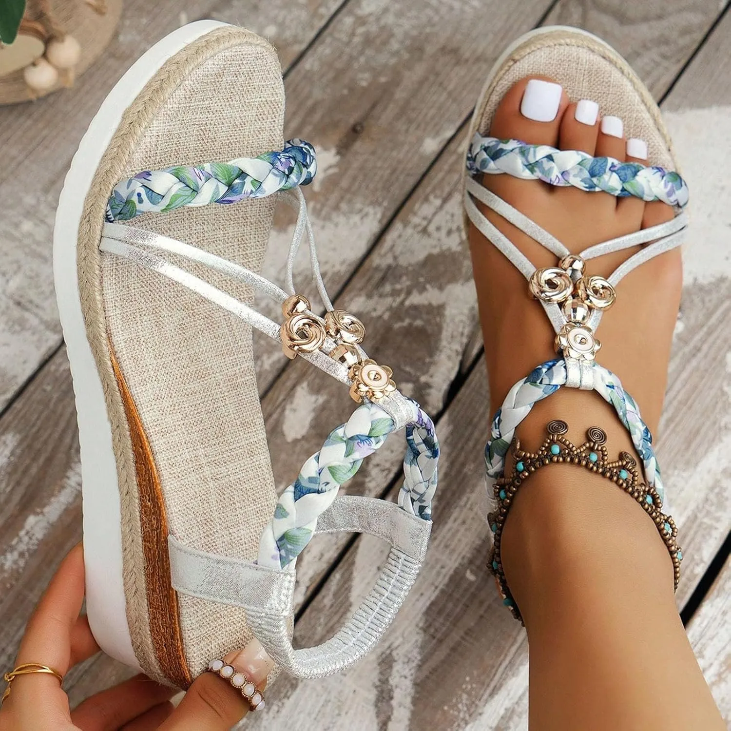 Bohemian Wedge Sandals for Women Wide Width Casual Platform Orthopedic Comfortable Walking Open Toe Jeweled Beaded Slip On Ankle Strap Dressy 2025 Summer Beach Shoes