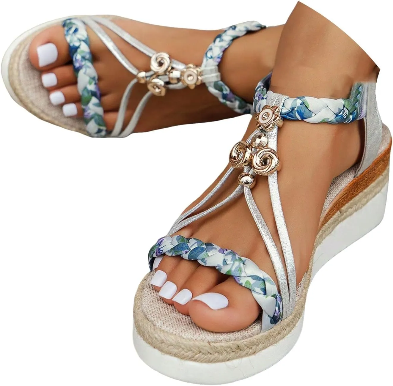 Bohemian Wedge Sandals for Women Wide Width Casual Platform Orthopedic Comfortable Walking Open Toe Jeweled Beaded Slip On Ankle Strap Dressy 2025 Summer Beach Shoes