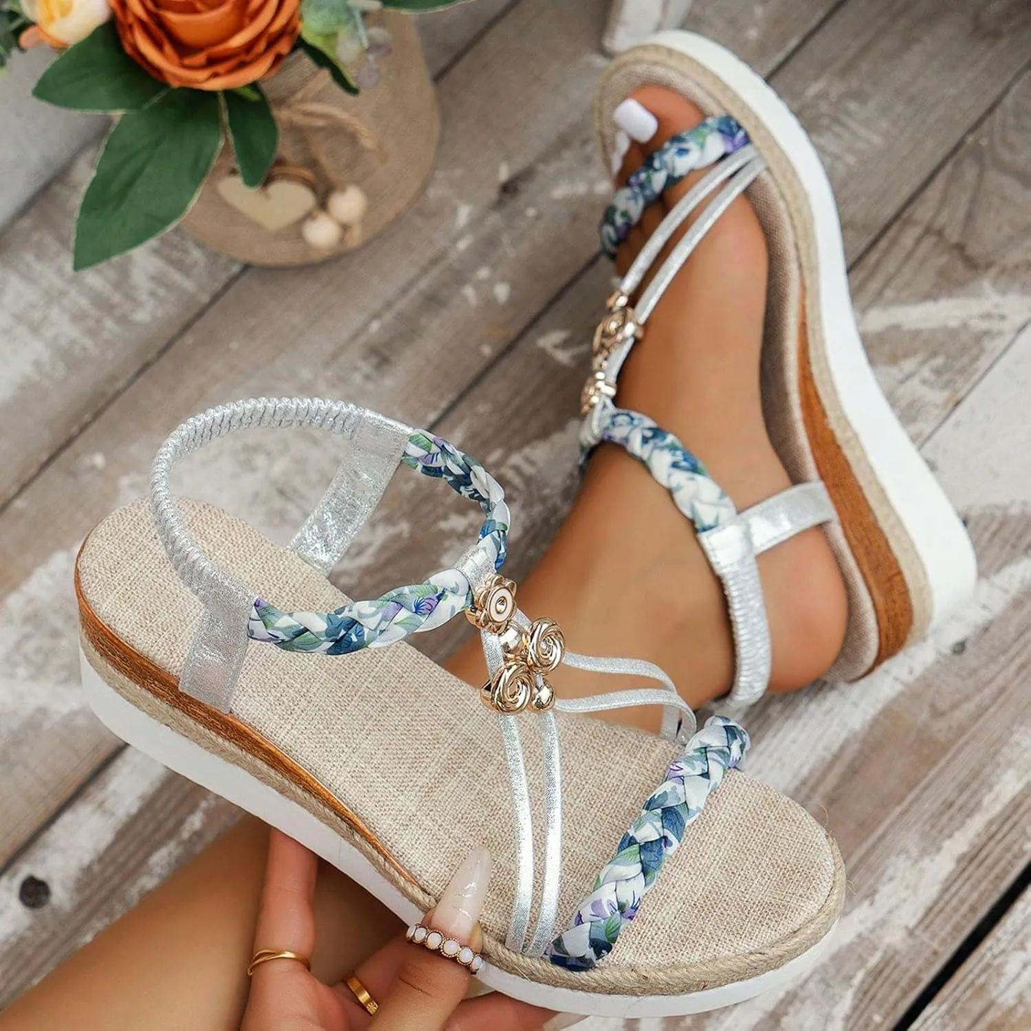 Bohemian Wedge Sandals for Women Wide Width Casual Platform Orthopedic Comfortable Walking Open Toe Jeweled Beaded Slip On Ankle Strap Dressy 2025 Summer Beach Shoes