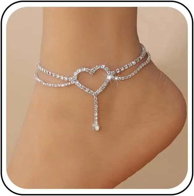 Boho Layered Crystal Heart Anklet Bracelet Rhinestone Heart Ankle Bracelets Silver Tennis Chain Anklets Hollow Heart Anklets Summer Love Foot Chain Jewelry for Women