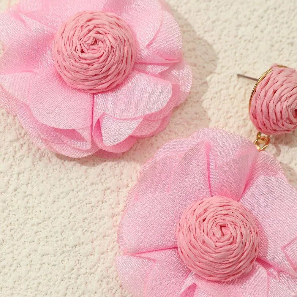 Boho Raffia Dangle Earrings,Handmade Rattan Tropical Flower Earrings for Summer Beach Vacation, Statement Drop Dangling Earrings for Women