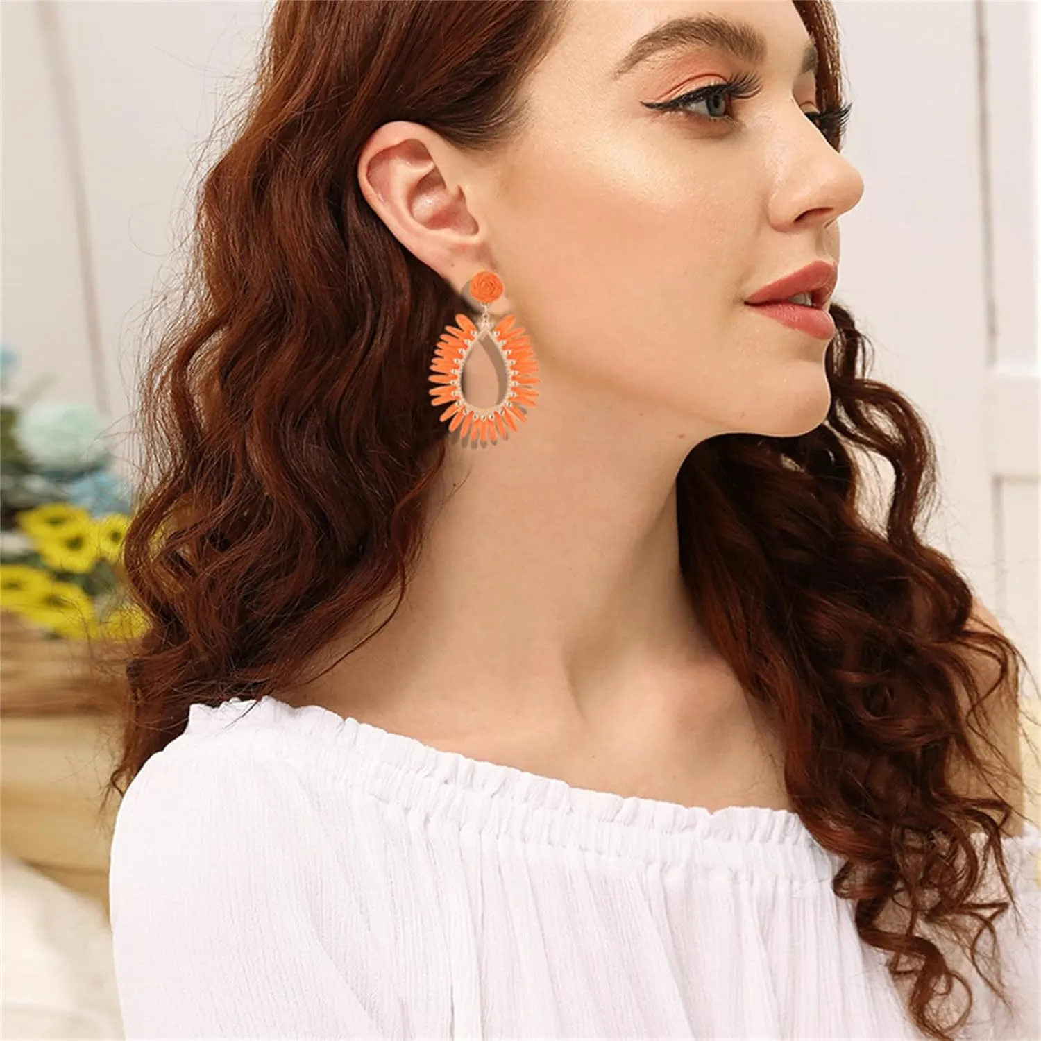 Boho Raffia Teardrop Earrings for Women Handmake Statement Raffia Dangle Earrings Lightweight Geometric Rattan Earrings Handmade Earring