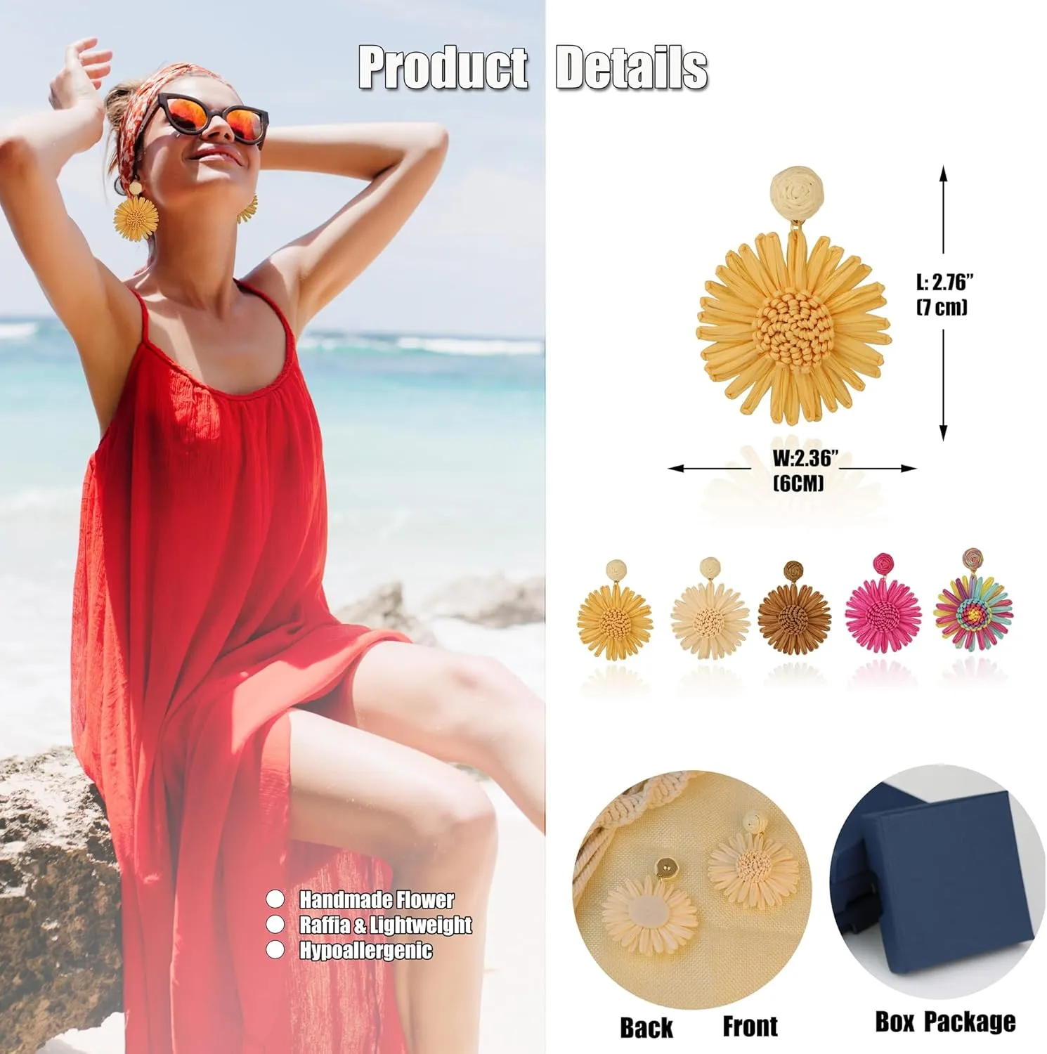 Boho Statement Raffia Starfish Flower Earrings for Women Handmade Bohemia Summer Beach Jewelry Drop Dangle Earrings