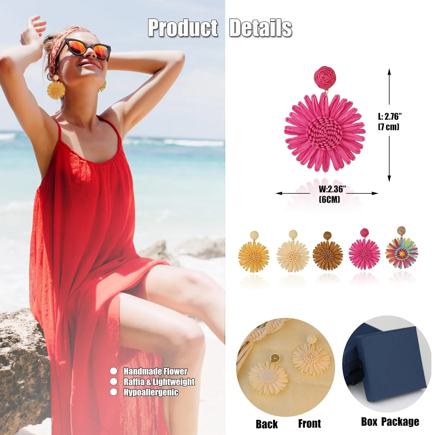Boho Statement Raffia Starfish Flower Earrings for Women Handmade Bohemia Summer Beach Jewelry Drop Dangle Earrings