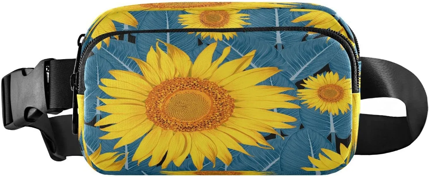 Botanical Sunflower Fanny Pack Crossbody Waist, Yellow Blue Flowers Fashion Waist Bag Waterproof Adjustable Belt Bag for Running Hiking Cycling Traveling Casual