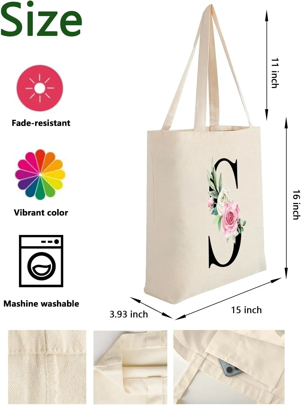 Canvas Tote Bag Aesthetic for Women, Cute Floral Initial Trendy Personalized Reusable Bags Makeup Gift