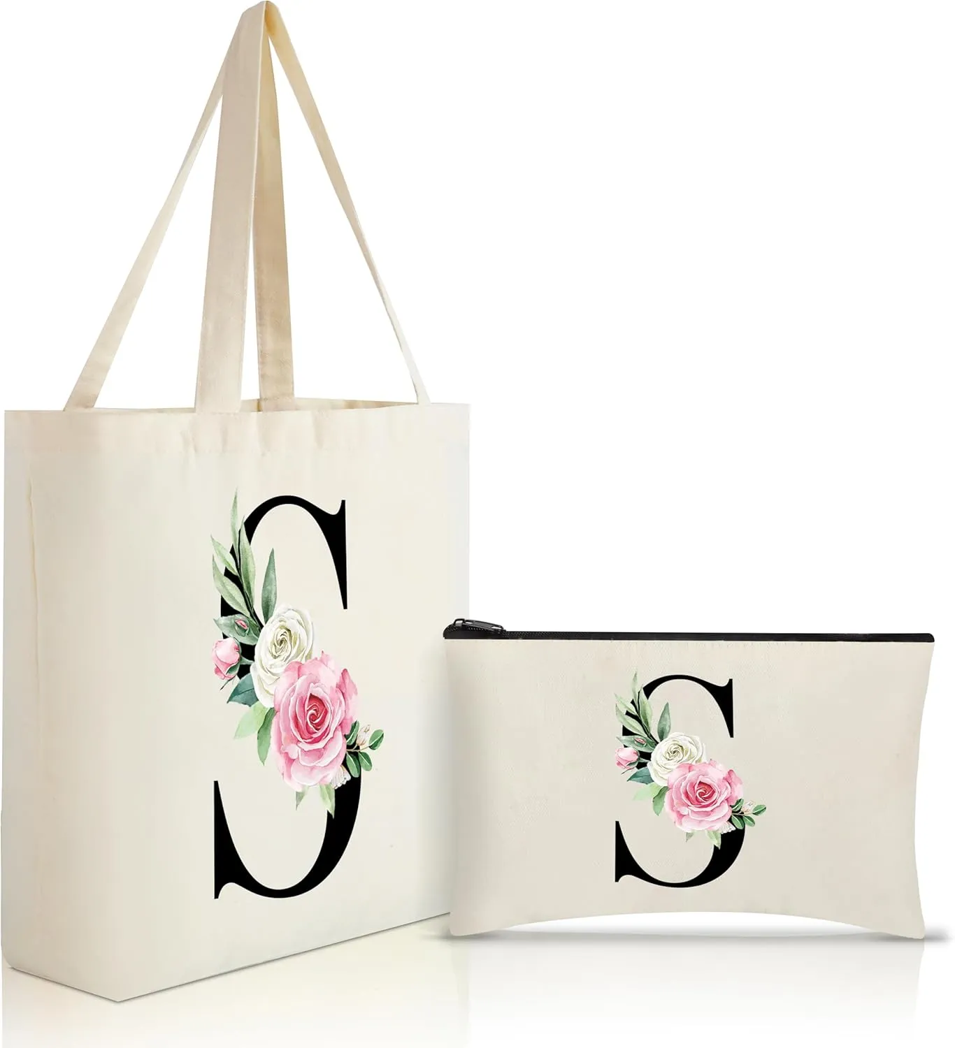 Canvas Tote Bag Aesthetic for Women, Cute Floral Initial Trendy Personalized Reusable Bags Makeup Gift