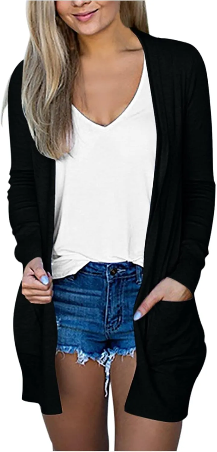 Cardigan for Women Light Weight Long Sleeve Coats Casual Open Front Button Down Plus Size Solid Color Fall Jackets