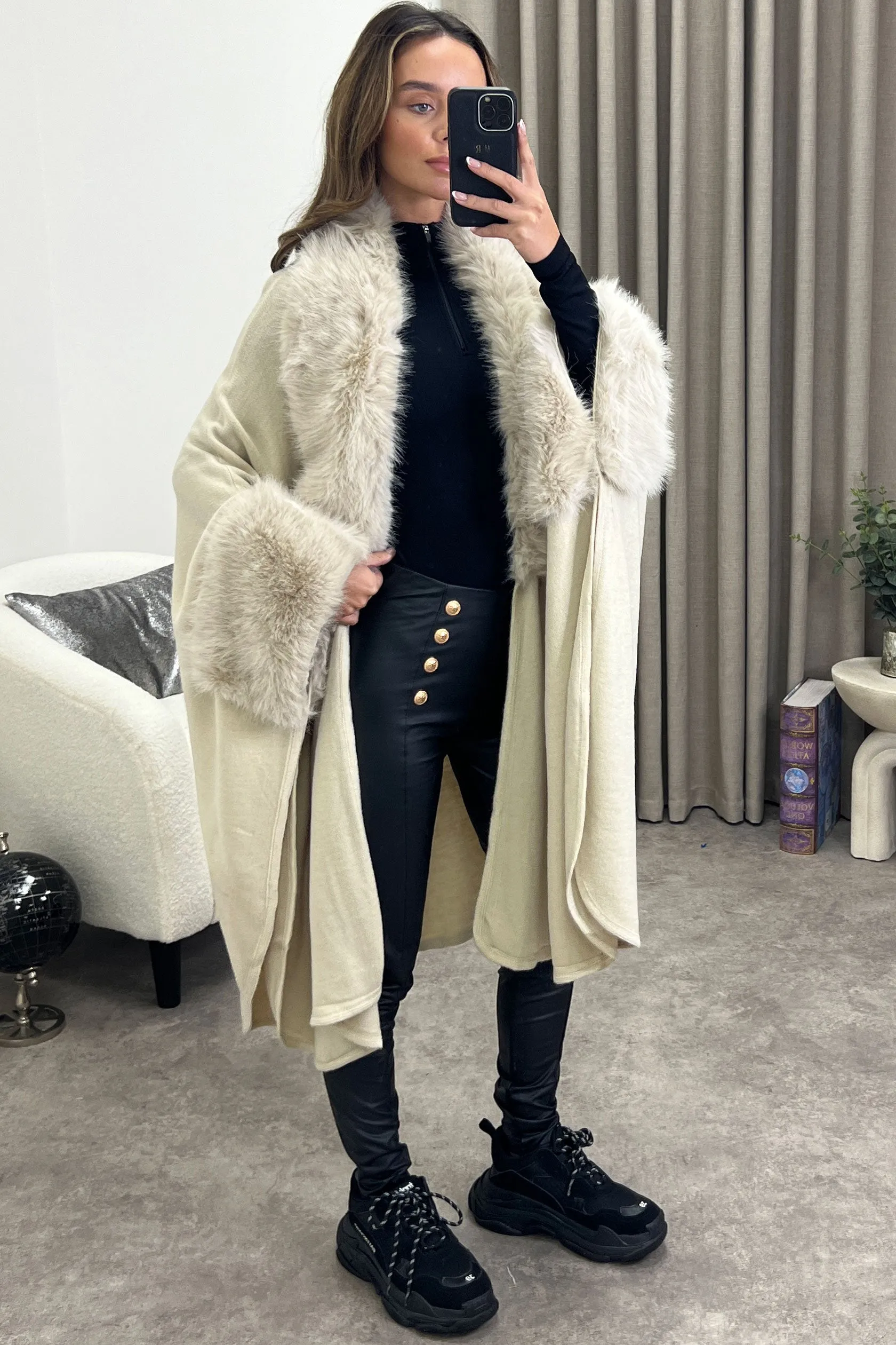 Channon Beige Faux Fur Trim Open Front Cape