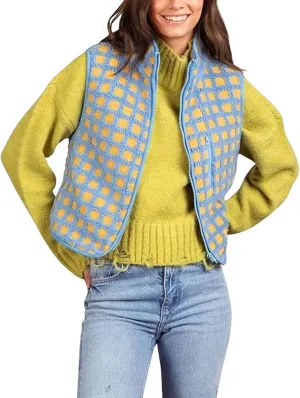 CHARTOU Cropped Checkered Fleece Vest Women Stand Collar Sleeveless Sherpa Jacket Fuzzy Zip Up Coat Fall