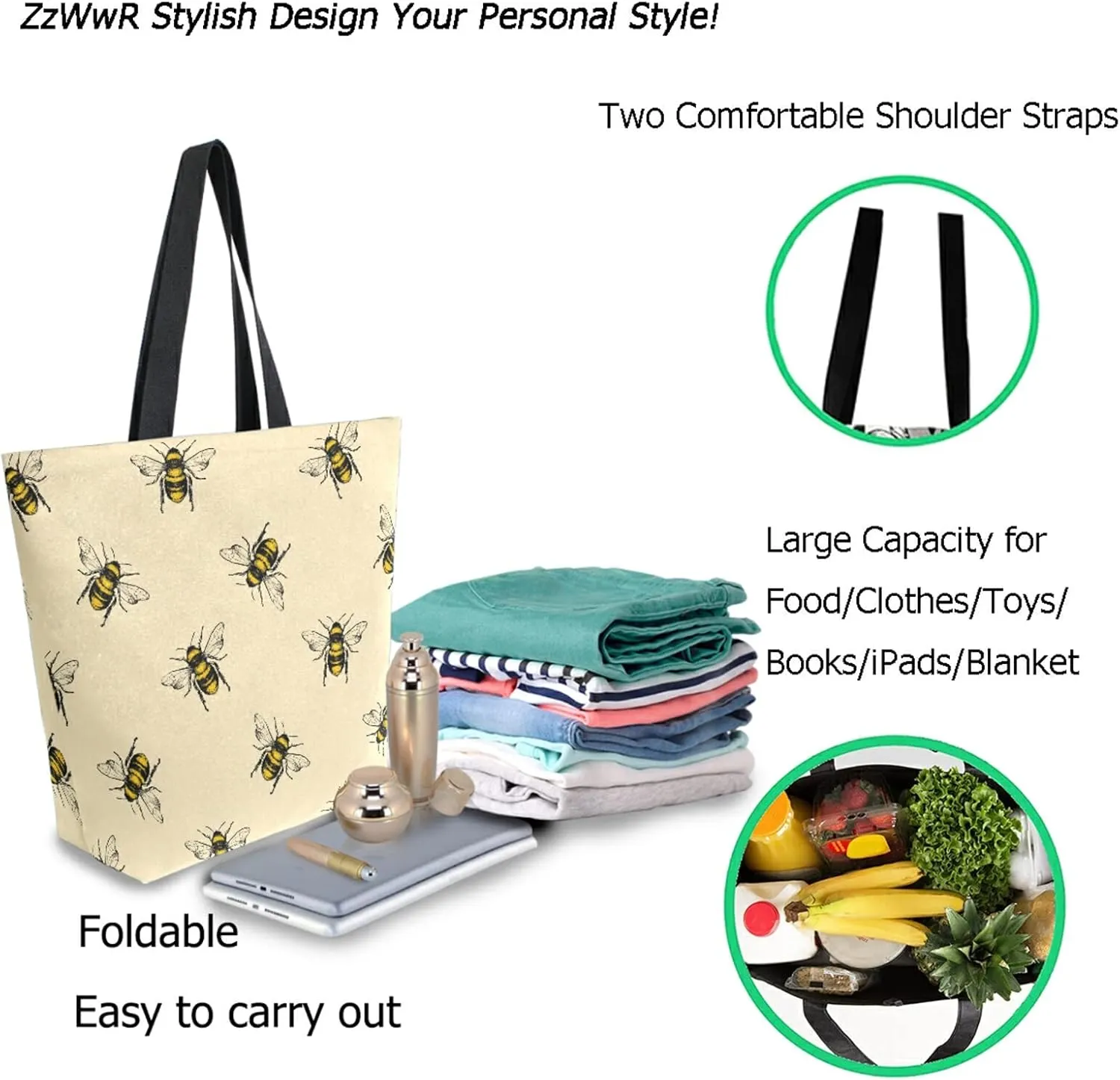 Chic Fashion Floral Pattern Extra Large Shoulder Tote Bag for Beach Travel Weekender Gym Grocery Shopping