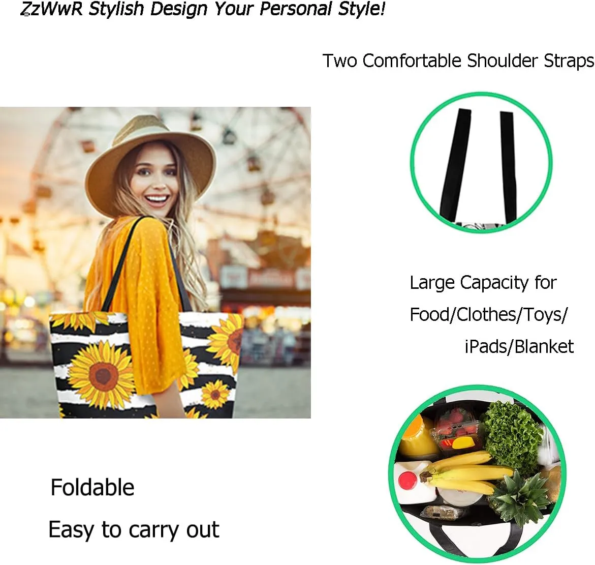 Chic Fashion Pattern Printed Extra Large Shoulder Tote Bag for Beach Travel Weekender Gym Grocery Shopping