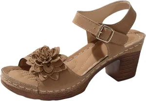 Chic Flowers Chunky Block Heels for Womens Bohemia Ankle Strap Platform Wedge Sandals Hollow Out Leather Sandals Work Office Dress Shoes
