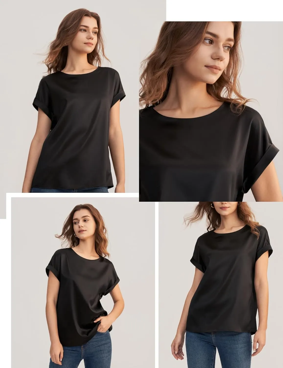 Chigant Women's Short Sleeve Satin Blouses Casual Loose Crewneck Silk Shirts Roll Up Sleeve Tunic Tops S-XXL