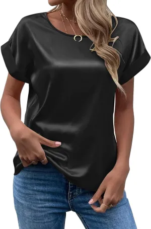 Chigant Women's Short Sleeve Satin Blouses Casual Loose Crewneck Silk Shirts Roll Up Sleeve Tunic Tops S-XXL