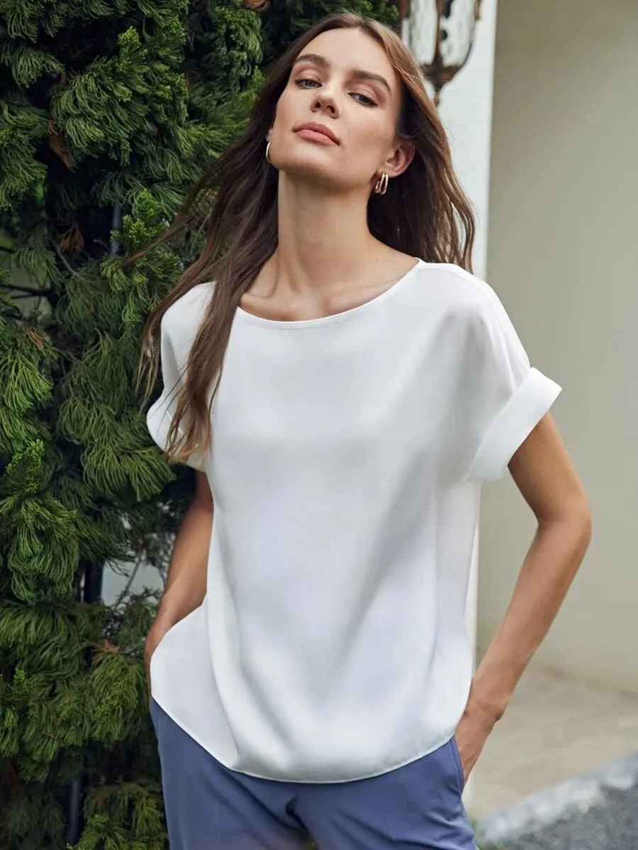 Chigant Women's Short Sleeve Satin Blouses Casual Loose Crewneck Silk Shirts Roll Up Sleeve Tunic Tops S-XXL