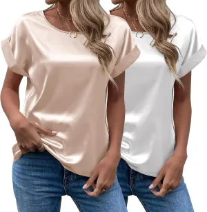 Chigant Women's Short Sleeve Satin Blouses Casual Loose Crewneck Silk Shirts Roll Up Sleeve Tunic Tops S-XXL