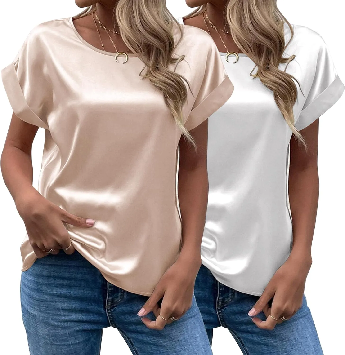 Chigant Women's Short Sleeve Satin Blouses Casual Loose Crewneck Silk Shirts Roll Up Sleeve Tunic Tops S-XXL