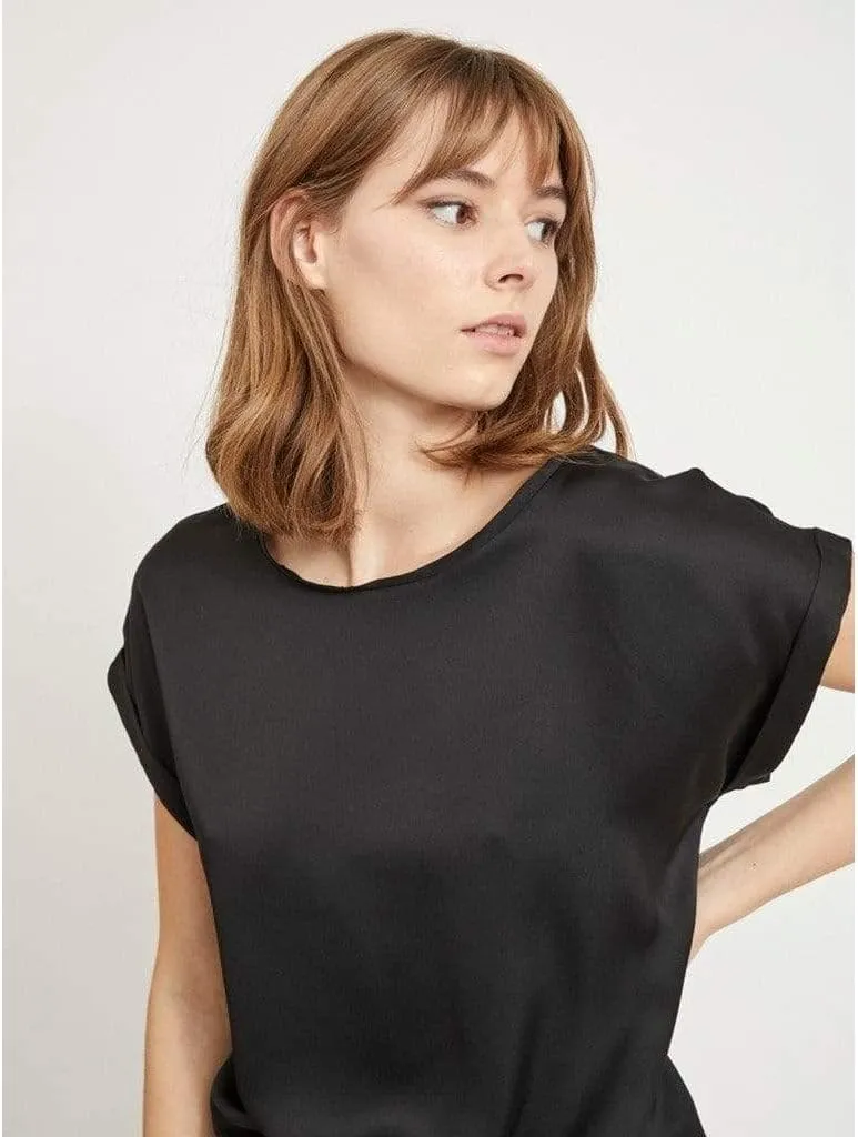 Chigant Women's Short Sleeve Satin Blouses Casual Loose Crewneck Silk Shirts Roll Up Sleeve Tunic Tops S-XXL