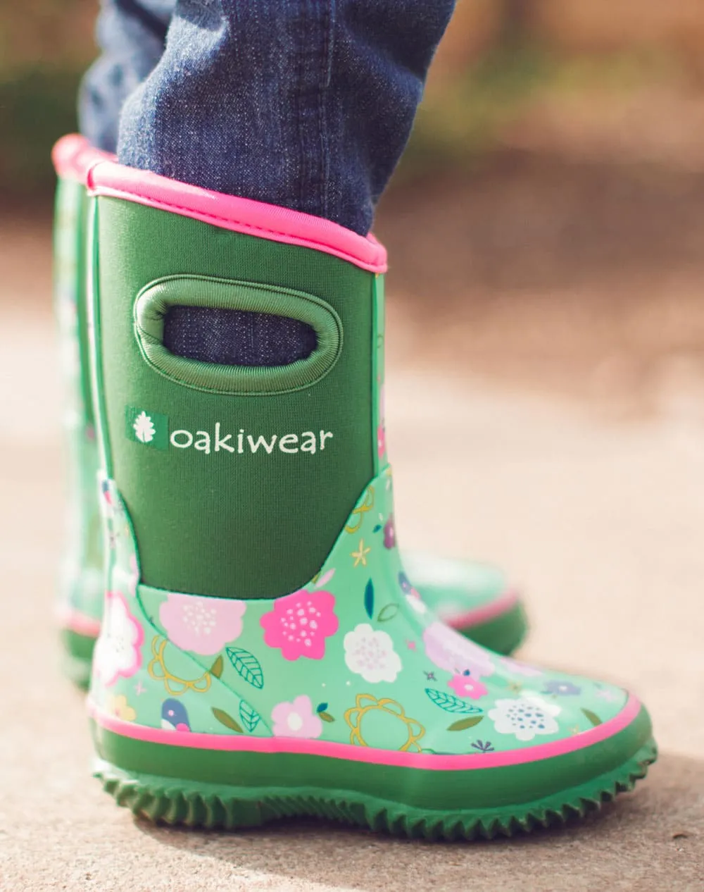 CHILDREN’S NEOPRENE RAIN/SNOW BOOTS, GREEN FLORAL