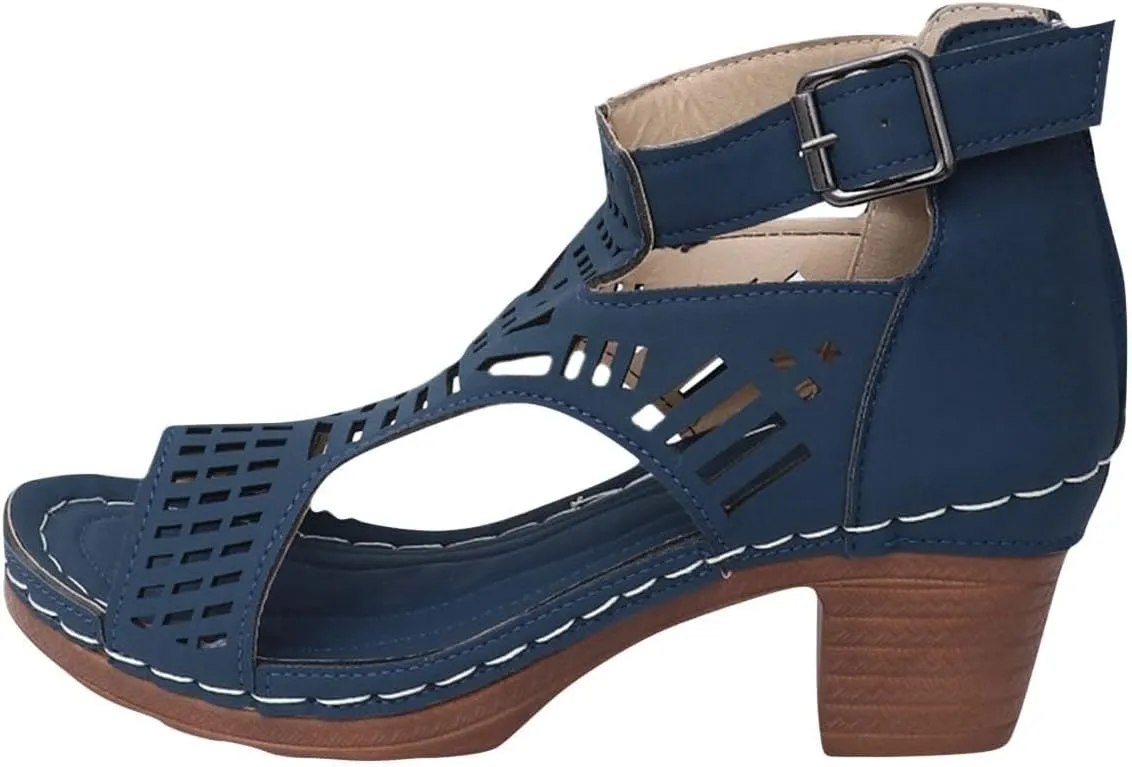 Chunky Heel Sandals for Women Bohemian Cutout Open Toe Summer Block Heeled Party Sandals with Zipper Orthopedic Wedges for Vacation Casual Wear