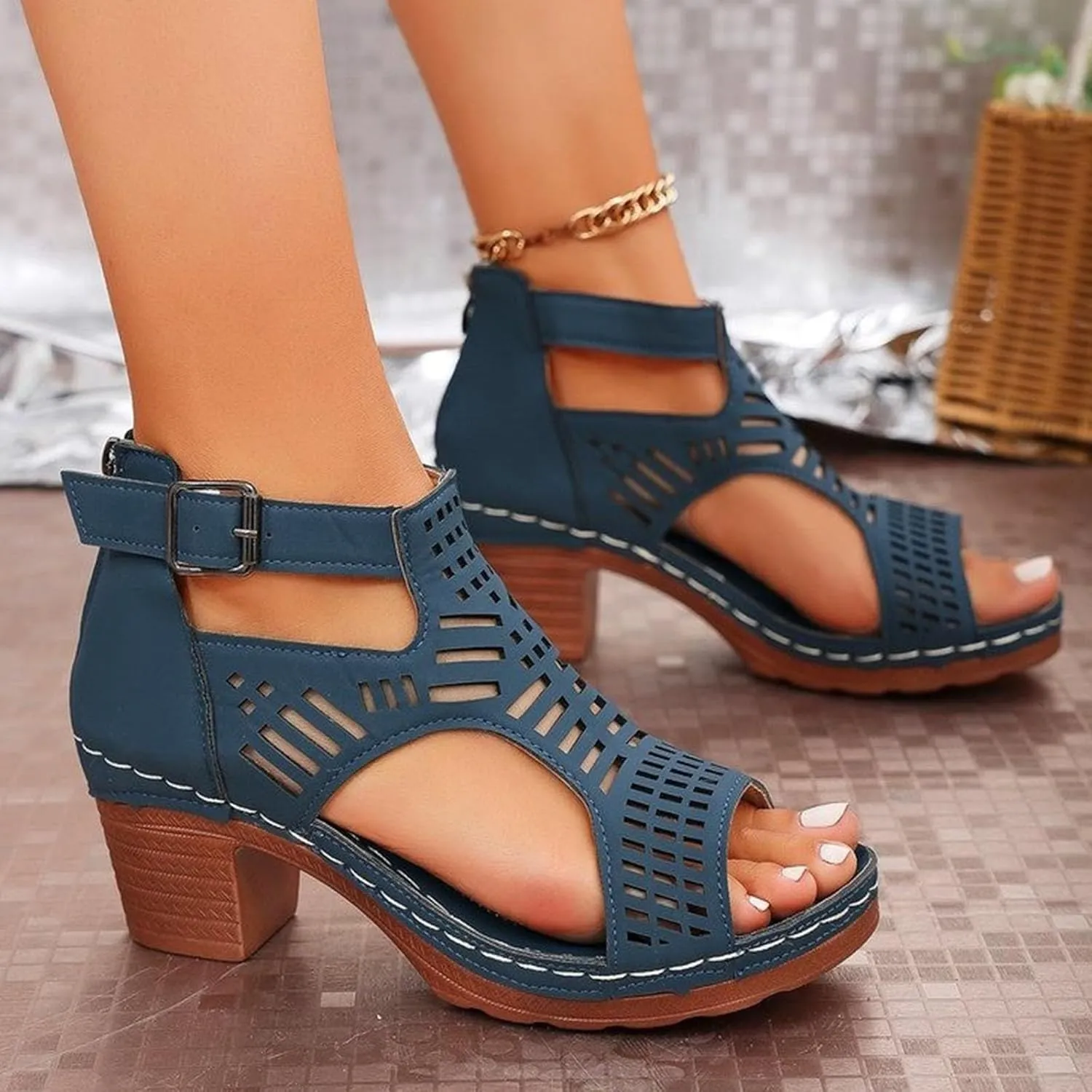 Chunky Heel Sandals for Women Bohemian Cutout Open Toe Summer Block Heeled Party Sandals with Zipper Orthopedic Wedges for Vacation Casual Wear