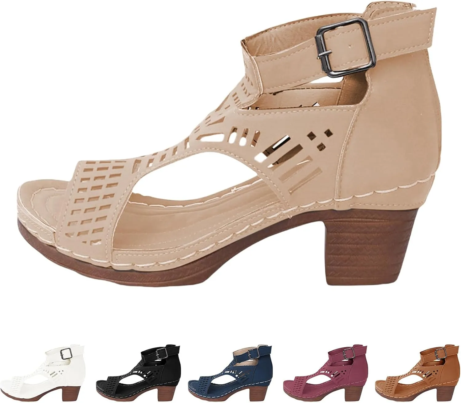 Chunky Heel Sandals for Women Bohemian Cutout Open Toe Summer Block Heeled Party Sandals with Zipper Orthopedic Wedges for Vacation Casual Wear