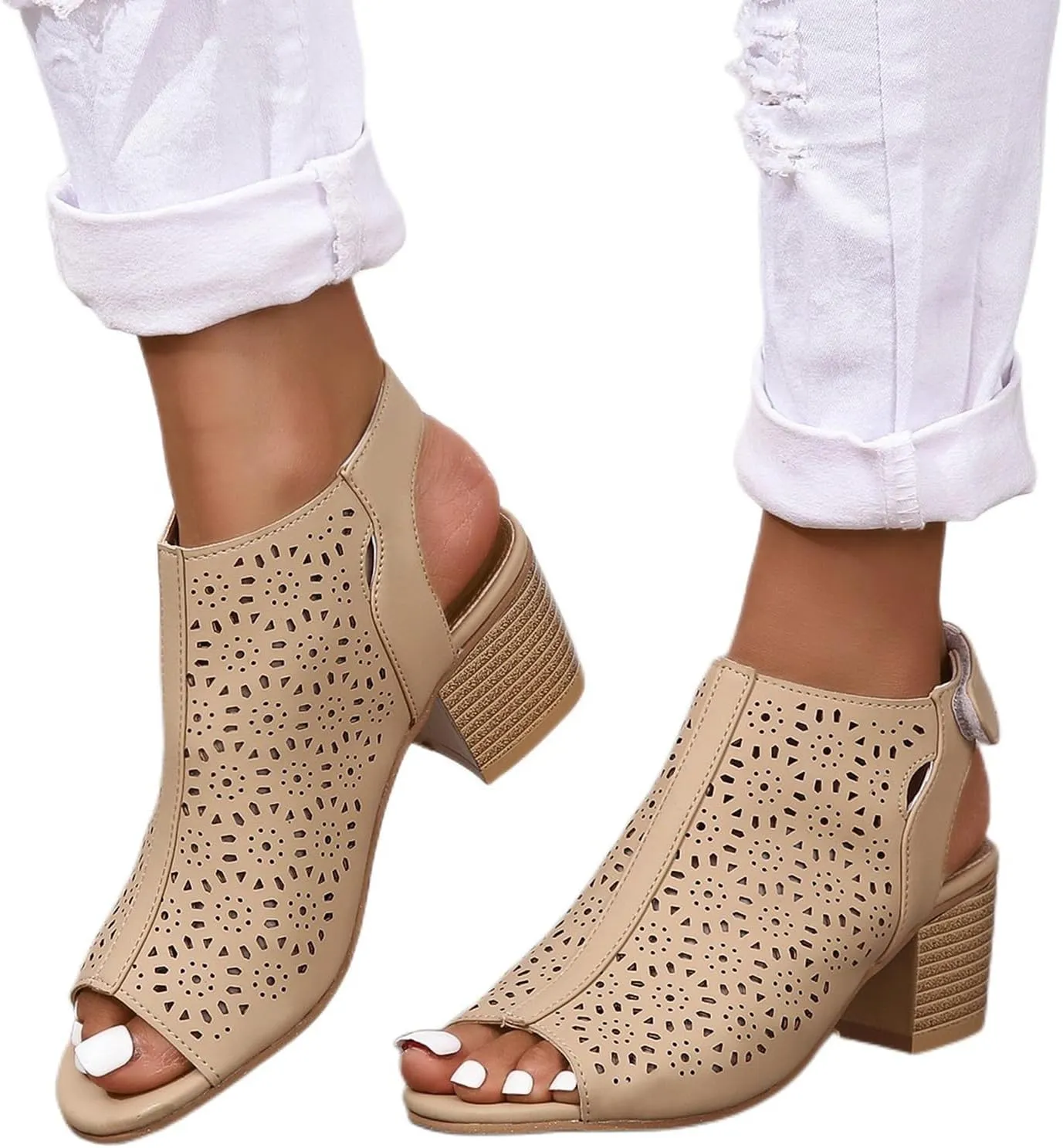Chunky Sandals for Women Orthopedic Fashion Non Slip Middle Heels Breathable Hollow Out Slingback Sandals Ladies Elegant Summer Walking Shoes and Hook And Loop Closure