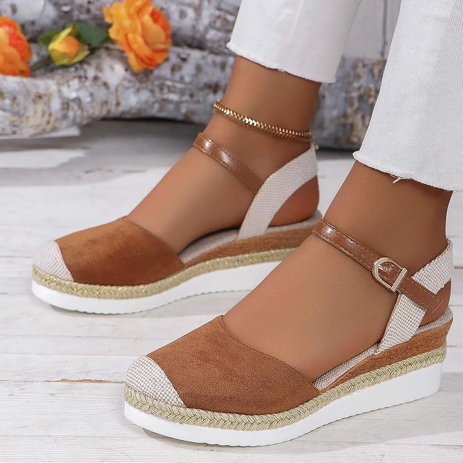 Closed Toe Platform Wedge Sandals for Women 2025 Dressy Espadrilles Wedges Flat Open Toe Comfortable Anti Slip Summer Shoes with Adjustable Buckle Ankle Strap