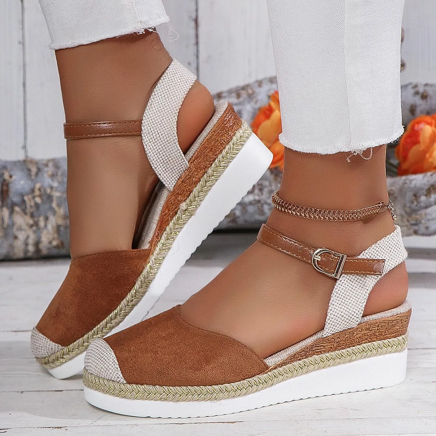 Closed Toe Platform Wedge Sandals for Women 2025 Dressy Espadrilles Wedges Flat Open Toe Comfortable Anti Slip Summer Shoes with Adjustable Buckle Ankle Strap