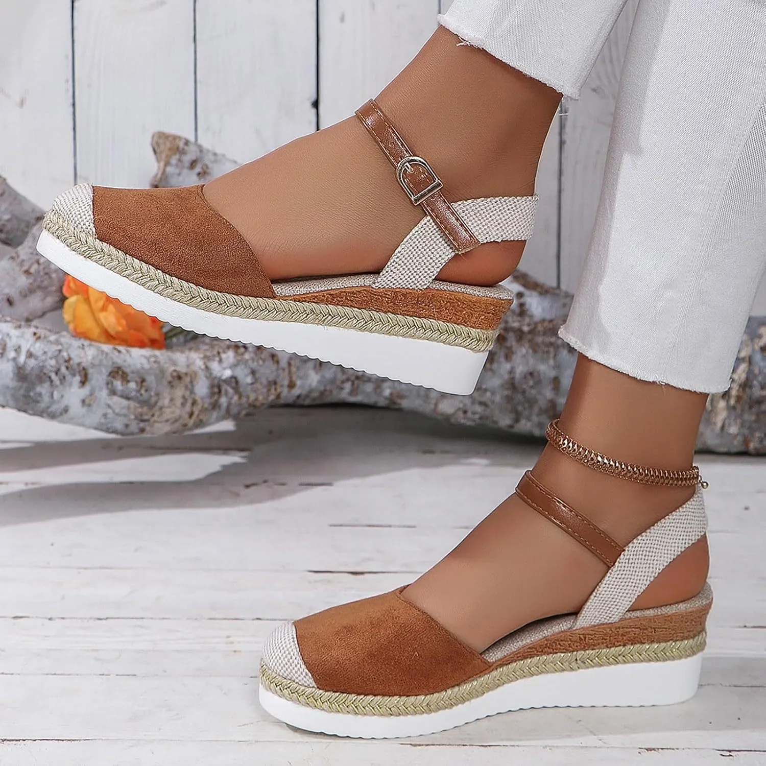 Closed Toe Platform Wedge Sandals for Women 2025 Dressy Espadrilles Wedges Flat Open Toe Comfortable Anti Slip Summer Shoes with Adjustable Buckle Ankle Strap