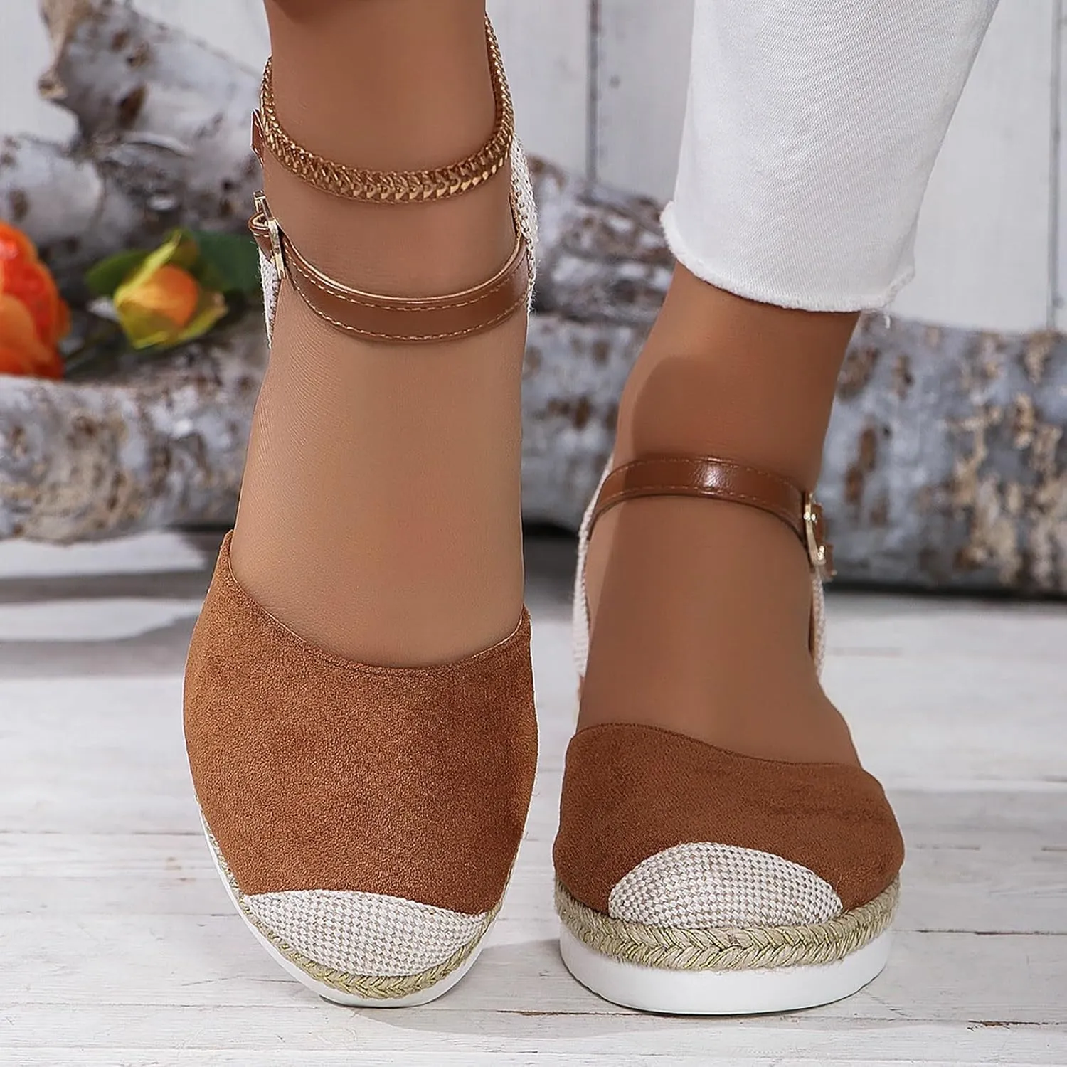 Closed Toe Platform Wedge Sandals for Women 2025 Dressy Espadrilles Wedges Flat Open Toe Comfortable Anti Slip Summer Shoes with Adjustable Buckle Ankle Strap