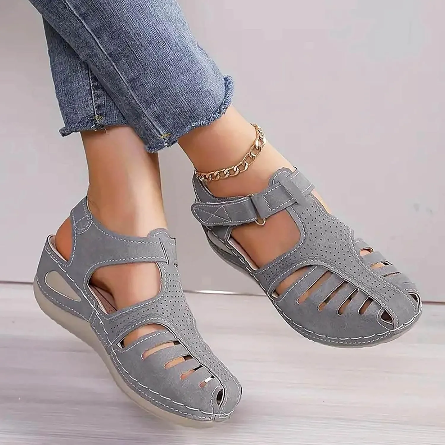 Closed Toe Wedge Sandals for Women Dressy Summer Comfortable Platform Wedges Ankle Strap Wide Width Walking Sandals Arch Support Casual Hollow Out Sandal Dress Shoes