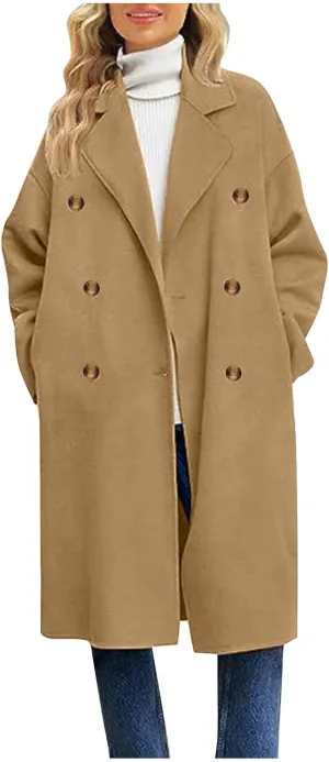 Coats for Women Trendy Elegant Wool Blend Overcoat Classic Notched Collar Double Breasted Trench Coat Mid-Long Peacoat
