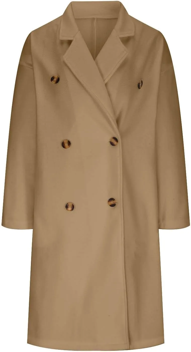 Coats for Women Trendy Elegant Wool Blend Overcoat Classic Notched Collar Double Breasted Trench Coat Mid-Long Peacoat