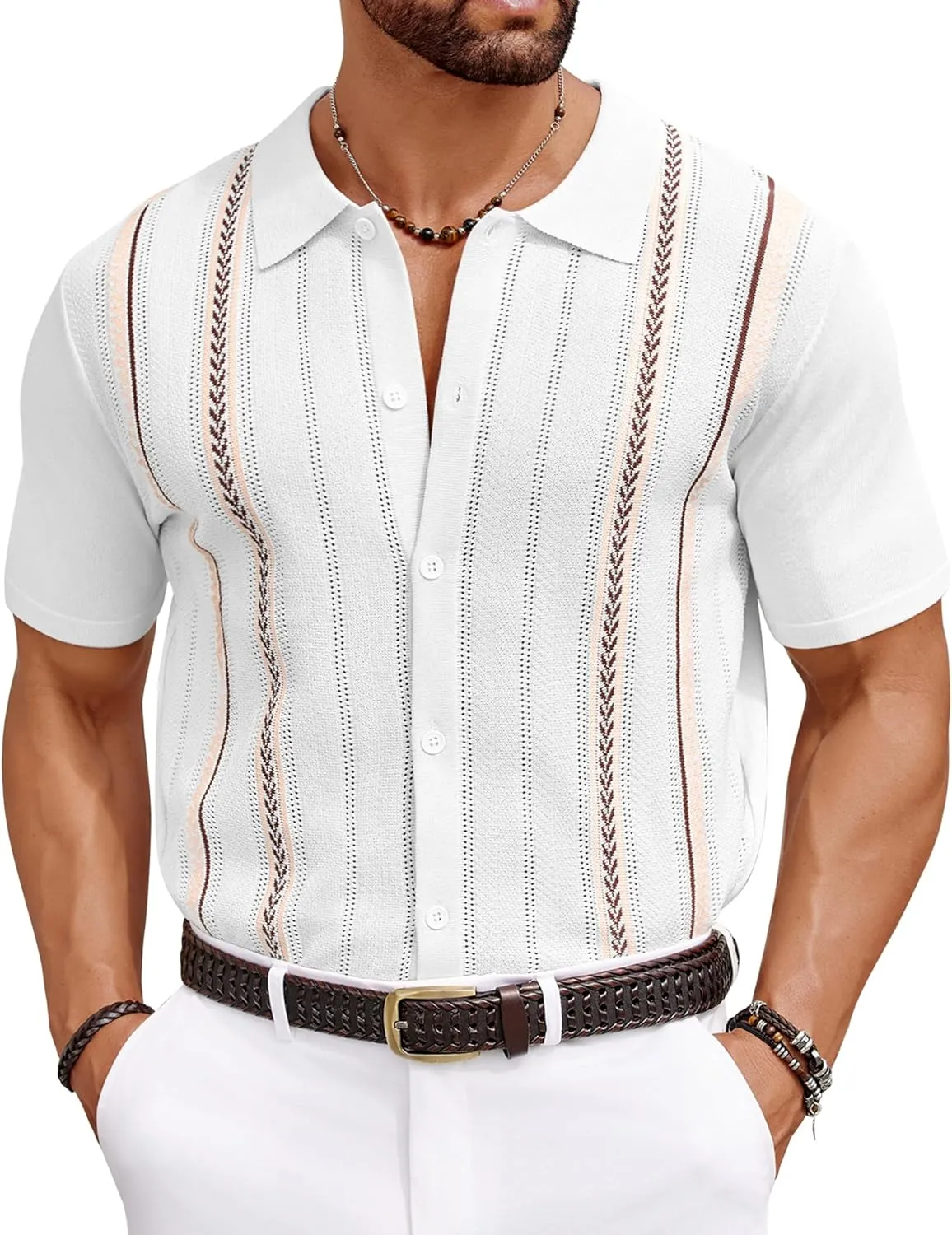 COOFANDY Knit Shirts for Men Casual Short Sleeve Button Down Shirts Summer Beach Stretch Fit Collared Shirts