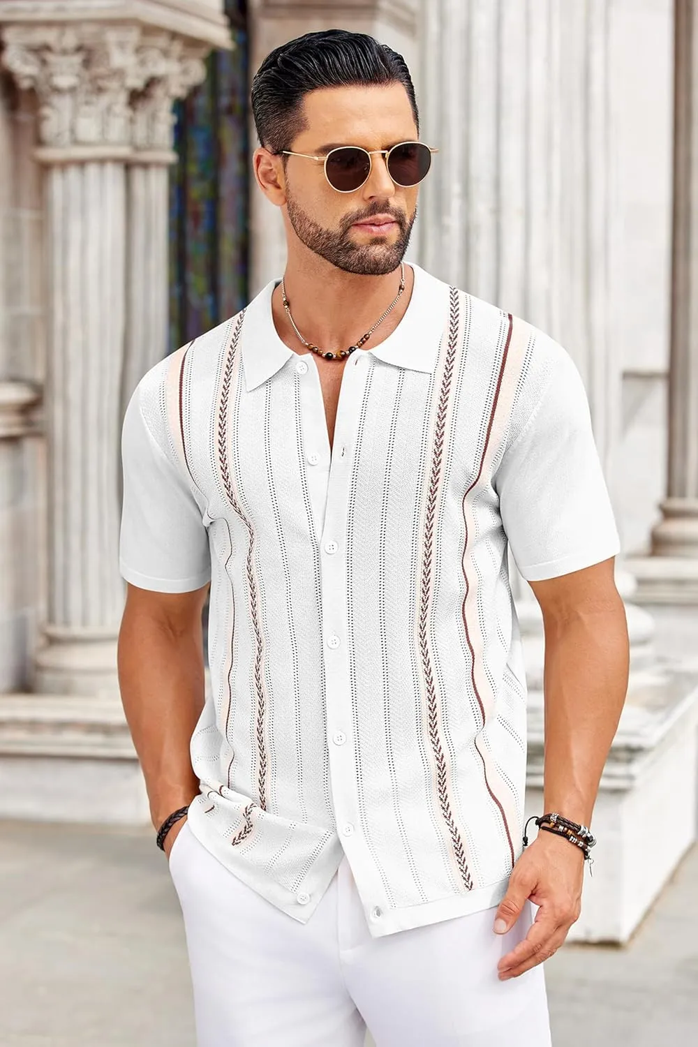 COOFANDY Knit Shirts for Men Casual Short Sleeve Button Down Shirts Summer Beach Stretch Fit Collared Shirts